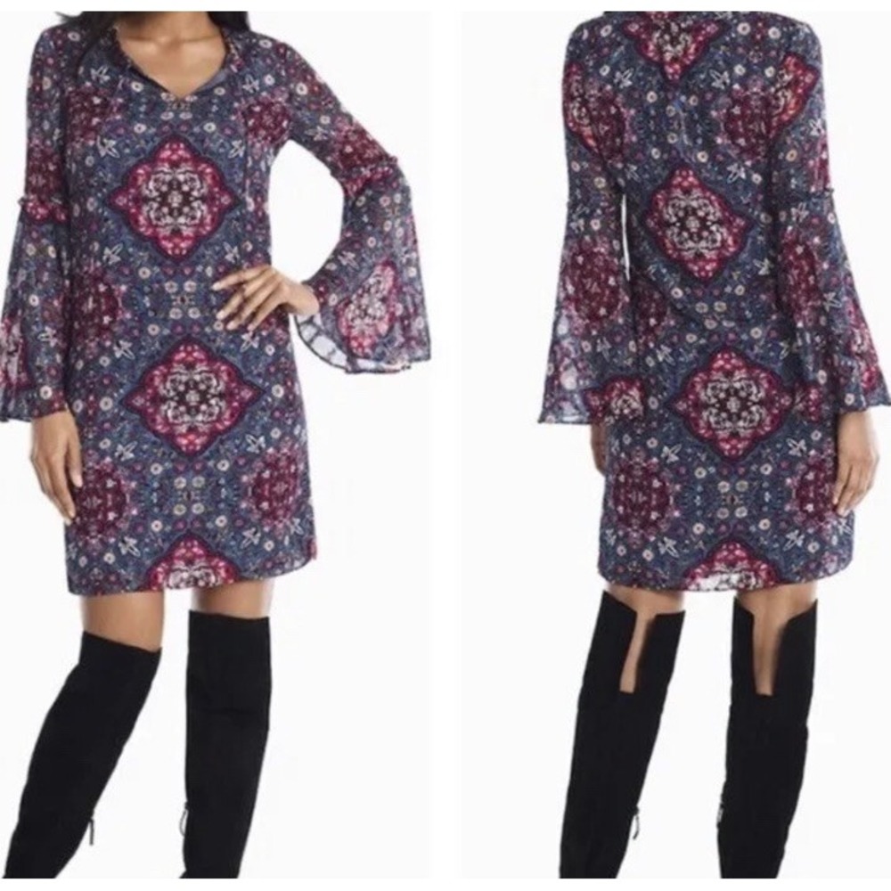WHBM Bell-Sleeve Medallion Boho Shift Dress Blue Red Chiffon S